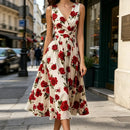 Boho Floral Print Elegant Party Dresses Womens Spring Sexy V Neck High Waist Pleated Long Dress Summer Sleeveless Vacation Dress
