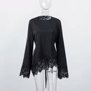 Lace Patchwork Women Blouse Long Sleeve O-neck Solid Belt Female Casual Tops Asymmetric Hem Elegant Office Ladies Streetwear