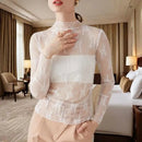 New Women Floral Lace Shirt Spring Autumn Long Sleeve Sexy Mesh Bottoming Shirts Mock Neck Blouse T-Shirt Pullover Top