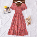 Floral Skirt for Women Summer Dress 2025 New French Square Collar Chiffon Midi Skirt