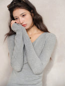 Elegant Ruched Cross V Neck Knit Top Slim Fit Long Sleeve Shirt for Women Chic Casual Early Spring Daily Base Layer Style Lady
