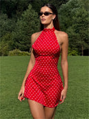 Vestido Mini Feminino com Poa e Halter - Ombro Frio Sexy Costas Abertas Festa Clube