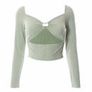 Cropped Manga Longa Feminino com Recortes - Decote V Slim Costas Abertas Outono/Inverno