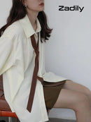 Women's Oversized Long Sleeve Blouse 2026 Summer New Arrival Tie Neck Shirt Loose Fit Office Elegant Fashion
