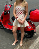 Vestido Mini Feminino Vermelho com Poa e Alças de Cetim - Sexy Sem Manga Costas Abertas Slim Praia Clube