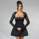 Vestido Mini Feminino com Renda Patchwork e Cintura Franzida - Linha A Costas Abertas Sexy Festa Balada Outono Inverno