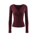Elegant Ruched Cross V Neck Knit Top Slim Fit Long Sleeve Shirt for Women Chic Casual Early Spring Daily Base Layer Style Lady