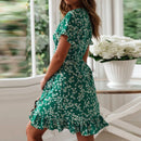 Boho Floral skirt Print Ruffles Women Dress Summer Sexy V Neck Short Sleeve A Line Chiffon Mini Dresses Beach Sundress