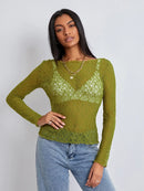 Women Lace Pullover TopS Retro Long Sleeve Round Neck See Through Solid Color Fitted T-Shirts Casual Blouse Streetwear Y2K 2000s
