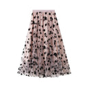 New 2024 Fashion Elegant Floral Summer Tulle Skirt Womens Spring Summer High Waist Pleated Skirts Ladies Blue Maxi Skirt Female