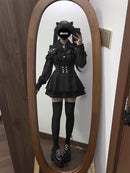 Women‘s Lolita Set Dark Femme Mesh Top & Waist Cinching Skirt, 2025 Autumn Japanese Street Style Coord for Gothic Baddie Fashion
