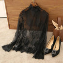 Sexy Women Lace Blouses Long Flared Sleeve High Collar Inner Wear Lace Shirt Base Tunic Top Perspective Vintage Bottom Blouse