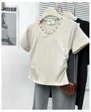 Women's V-Neck Rivet Detail Ruched Short Sleeve T-shirt Casual Slim Fit Crop Top
