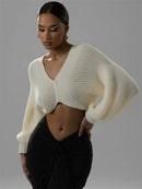 Cropped Tricô Manga Longa Feminino Casual - Decote V Solto Elegante Outono