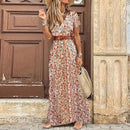 Elegant Floral Pleated H shaped Midi Dress Female V Neck Puff Sleeve Waist Ruched Button Dresses Women Summer Dress Robe