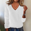 Women's V-neck Sweater Elegant Long Sleeve Ribbed Trim Pullover Solid Knit Wool Base Top for Wear