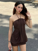 Vestido Mini Halter Franzido com Costas Abertas - Festa e Balada Y2K