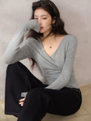 Elegant Ruched Cross V Neck Knit Top Slim Fit Long Sleeve Shirt for Women Chic Casual Early Spring Daily Base Layer Style Lady