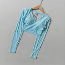 Women's Cross V-Neck Workout Top, Cropped Long Sleeve Open Back Shirt, Sexy Yoga Pilates Fitness Wear