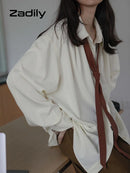 Women's Oversized Long Sleeve Blouse 2026 Summer New Arrival Tie Neck Shirt Loose Fit Office Elegant Fashion