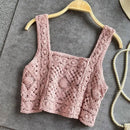 Women Crochet Sleeveless Crop for Tank Top Retro Knit Plaid Square Neck Sweater 6XDA
