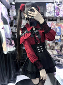 Women‘s Lolita Set Dark Femme Mesh Top & Waist Cinching Skirt, 2025 Autumn Japanese Street Style Coord for Gothic Baddie Fashion