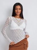 Women Lace Pullover TopS Retro Long Sleeve Round Neck See Through Solid Color Fitted T-Shirts Casual Blouse Streetwear Y2K 2000s