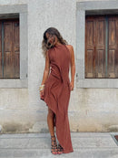 Women Elegant Pleated Irregular Slim Long Skirt Sexy Solid Backless Off-shoulder Dress New Dating Party Festival Club Prom Gown