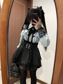 Women‘s Lolita Set Dark Femme Mesh Top & Waist Cinching Skirt, 2025 Autumn Japanese Street Style Coord for Gothic Baddie Fashion