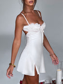 Vestido Mini Feminino Vintage com Alças e Renda - Sexy Sem Manga Costas Abertas Amarrão Cor Sólida Verão