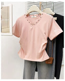 Women's V-Neck Rivet Detail Ruched Short Sleeve T-shirt Casual Slim Fit Crop Top