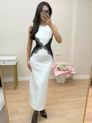 Vestido Longo Feminino com Renda Contrastante e Halter - Sexy Costas Abertas Festa