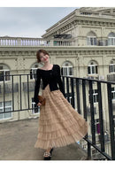 Elegant Multi-Layered Tulle Skirt Long Dress Women's Autumn Winter High Waist Cake Skirt Style Slimming Elegant Midi Skirt
