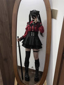 Women‘s Lolita Set Dark Femme Mesh Top & Waist Cinching Skirt, 2025 Autumn Japanese Street Style Coord for Gothic Baddie Fashion