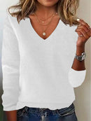 Women's V-neck Sweater Elegant Long Sleeve Ribbed Trim Pullover Solid Knit Wool Base Top for Wear