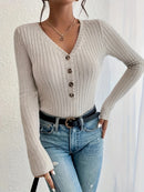Women's V-neck Button Bodysuit  2024 New Autumn Winter Long Sleeve Ribbed Knitted Skinny Body Suit Top for Women Outfits