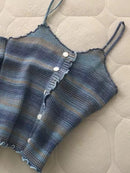2024 New Stripe Print Spaghetti Strap Top Casual Ruffle Trim Button Front Knit Cami Top For Summer Women's Clothing