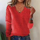 Women's V-neck Sweater Elegant Long Sleeve Ribbed Trim Pullover Solid Knit Wool Base Top for Wear
