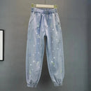 High waisted Jeans For Summer 2025 New Loose Elastic waist Hot pressed Diamond Pants Women's Casual Denim Trousers