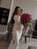 Vestido Longo Feminino com Estampa de Conchas e Manga Flare - Sexy Costas Abertas Renda Cor Sólida Gola Redonda