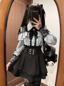 Women‘s Lolita Set Dark Femme Mesh Top & Waist Cinching Skirt, 2025 Autumn Japanese Street Style Coord for Gothic Baddie Fashion