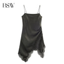 Vestido Mini Feminino de Cetim com Renda Assimétrica - Chic Francês Alças Finas Festa Noite Outono