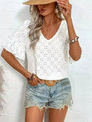 Women's Knit Embroidered Openwork Ruffled V-Neck Short-Sleeve Top / Women's T-Shirt / Spring/Fall / European & US Sizes
