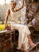 Lace Bandage 2 Piece-Set Long Skirt Female Patchwork Fashion Backless High Waist Elegant Lace-Up Maxi Skirt Sets Outfits