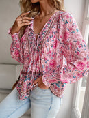 Boho lnspired Pink Floral Blouse Women V-neck Tassel Long Sleeve Bohemian Women Tops New Summer Fashion  Blouse Shirt For Women