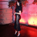 Ticketsx Sexy Lace Dress Set Women Fashion V-Neck See-Through Patchwork Pleated Slim Skirts Set Elegant Party Evening Dress Set