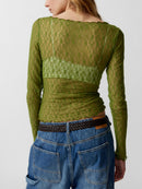 Women Lace Pullover TopS Retro Long Sleeve Round Neck See Through Solid Color Fitted T-Shirts Casual Blouse Streetwear Y2K 2000s