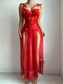Vestido Longo Feminino Vermelho Floral com Renda Transparente e Alças - Sexy Decote V Profundo Costas Abertas Sem Manga