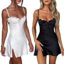 Vestido Mini Feminino Vintage com Alças e Renda - Sexy Sem Manga Costas Abertas Amarrão Cor Sólida Verão