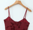 French Vintage Sexy Spaghetti Straps Flowers Short Dress Bungundy Black